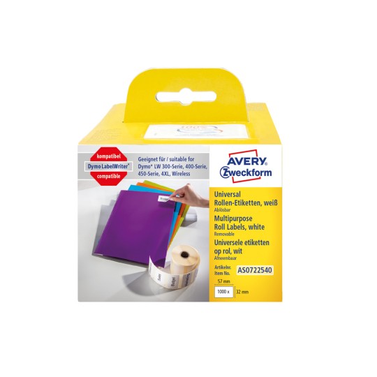 Slika pakiranja: Avery Zweckform, Artikal: AS0722540, Format: 32 x 57 mm, Prikladnost za štampanje: termodirektni pisač, Dymo LabelWriter* serije 300, serije 400, serije 450, 4XL, Wireless, Sadržaj: 1.000 etiketa / 1 rola, 1.000 etiketa/rola.