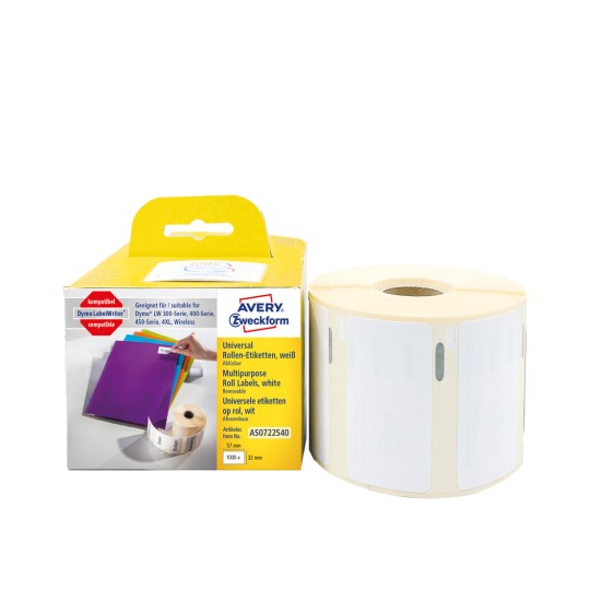Kutija sa rolom etiketa: Avery Zweckform role-etikete, Artikl: AS0722540, Format: 32 x 57 mm, Pogodna za pisač: termo direktni pisači, Dymo LabelWriter* serija 300, 400, 450, 4XL, Wireless, Sadržaj: 1.000 etiketa / 1 rola, 1.000 etiketa/rola.