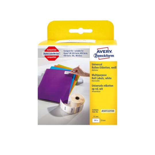 Slika pakiranja: Avery Zweckform, Artikl: AS0722550, Format: 19 x 51 mm, Prikladno za pisač: termalni direktni pisač, Dymo LabelWriter* serija 300, serija 400, serija 450, 4XL, bežični, Sadržaj: 500 naljepnica / 1 rola, 500 naljepnica/rola.