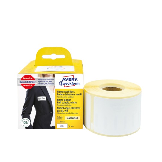 Slika pakiranja s rolom etiketa: Avery Zweckform etikete na roli, Artikl: AS0722560, Format: 41 x 89 mm, Prikladno za pisače: termodirektni pisači, Dymo LabelWriter* serije 300, serije 400, serije 450, 4XL, Wireless, Sadržaj: 200 etiketa / 1 rola, 200 etiketa/rola?