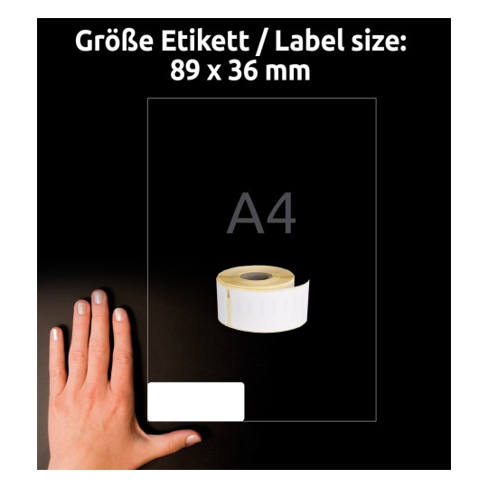 Usporedba veličine s rukom, Artikl: ASS0722400, jedan list rolnih naljepnica, format: 36 x 89 mm, boja: bijela?