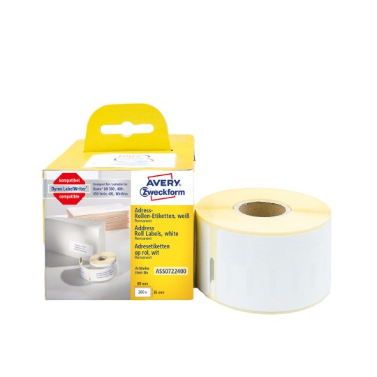 Slika pakovanja s rolnom etiketa: Avery Zweckform etikete na roli, Artikl: ASS0722400, Format: 36 x 89 mm, Pogodno za pisač: termodirektni pisač, Dymo LabelWriter* serija 300, serija 400, serija 450, 4XL, Wireless, Sadržaj: 260 etiketa / 1 rola, 260 etiketa/rola?