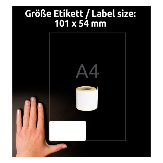 Veličina u usporedbi s rukom, Artikl: ASS0722430, jedan list rolnih naljepnica, Format: 54 x 101 mm, Boja: Bijela?