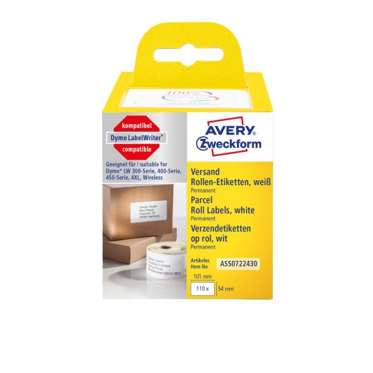 Slika pakiranja: Avery Zweckform, Artikl: ASS0722430, Format: 54 x 101 mm, Pogodno za ispis: Termodirektni pisač, Dymo LabelWriter* serija 300, serija 400, serija 450, 4XL, Bežični, Sadržaj: 110 etiketa / 1 rola, 110 etiketa/rola?