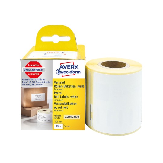 Slika ambalaže s rolom naljepnica: Avery Zweckform rolne naljepnice, artikl: ASS0722430, format: 54 x 101 mm, prikladno za tisak: termalni pisač, Dymo LabelWriter* serija 300, serija 400, serija 450, 4XL, bežični, sadržaj: 110 naljepnica / 1 rola, 110 naljepnica/rola?