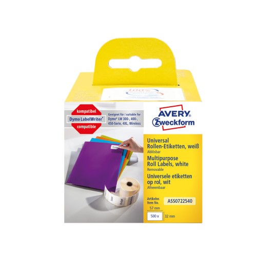 Slika pakiranja: Avery Zweckform, Artikl: ASS0722540, Format: 32 x 57 mm, Prikladnost za pisač: termalni izravni pisači, Dymo LabelWriter* serija 300, serija 400, serija 450, 4XL, Wireless, Sadržaj: 500 etiketa / 1 rola, 500 etiketa/rola?