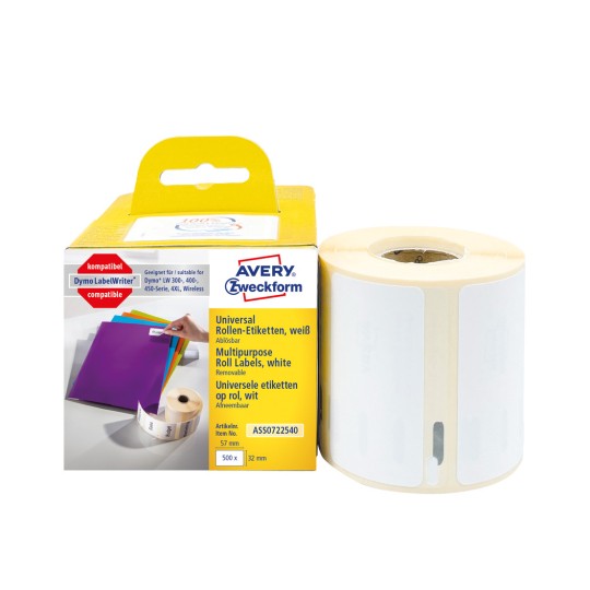 Pakiranje sa rolom naljepnica: Avery Zweckform role naljepnica, artikl: ASS0722540, format: 32 x 57 mm, odgovara pisačima: termodirektni pisači, Dymo LabelWriter* serija 300, serija 400, serija 450, 4XL, bežični, sadržaj: 500 naljepnica / 1 rola, 500 naljepnica/rola?
