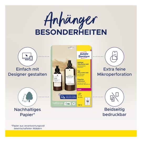 Slika prikazuje ambalažu proizvoda za viseće etikete od Avery Zweckform, s istaknutim značajkama poput jednostavnog dizajna, održivog papira i fine mikro-perforacije.