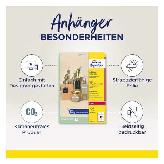 Slika prikazuje proizvod pod nazivom Avery Zweckform koji sadrži adresne oznake izrađene od izdržljivog 190µ filmskog materijala. Ističe jednostavnost dizajna, klimatsku neutralnost i mogućnost obostranog tiska.