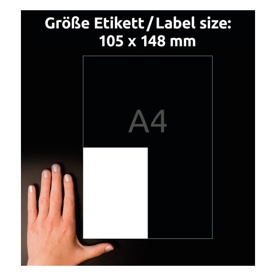 Usporedba veličine s rukom, Artikl: B3483-50, jedan list ultrarezistentnih folija naljepnica, Format: 105 x 148 mm, Boja: Bijela?