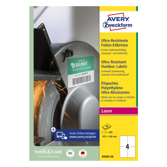 Slika pakiranja: Avery Zweckform ultra otporne vanjske etikete, artikl: B3483-50, format: 105 x 148 mm, prikladnost za ispis: crno-bijeli laser, laserski pisač u boji, sadržaj: 200 etiketa / 50 listova, 4 etikete/list.