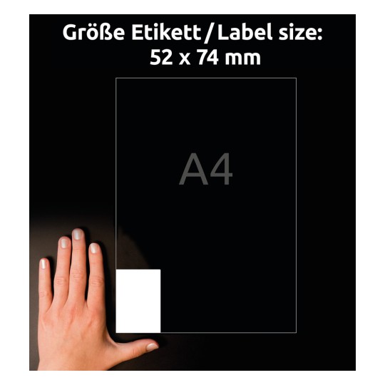 Veličina u usporedbi s rukom, Artikl: B5274-50, jedan list ultra-otpornih folija-naljepnica, Format: 52 x 74 mm, Boja: Bijela?