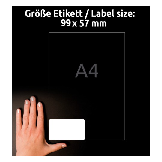Usporedba veličine s rukom, Artikal: B7173-50, jedan list ultra-otpornih naljepnica, format: 99 x 57 mm, boja: bijela?
