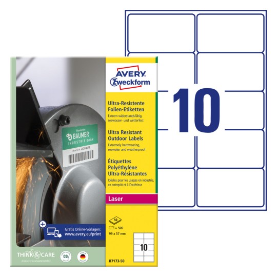 Slika pakiranja s listom naljepnica: Avery Zweckform Ultra otporne folijske naljepnice, Artikl: B7173-50, Format: 99 x 57 mm, Pogodno za: Crno-bijeli laser, laserski pisač u boji, Sadržaj: 500 naljepnica / 50 listova, 10 naljepnica po listu.