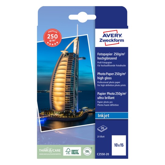 Slika na pakiranju: Avery Zweckform Premium Inkjet foto papir, Artikl: C2550-20, Format: 100 x 150 mm, Pogodno za pisače: Inkjet, Sadržaj: 20 listova/arka.