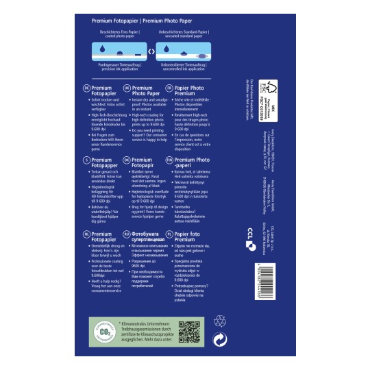 Slika prikazuje pakiranje za premium fotopapir, s detaljima o njegovim značajkama i prednostima na više jezika. Ističe trenutačno sušenje, mogućnosti visoke rezolucije ispisa i informacije o korisničkoj podršci.