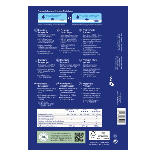 Slika prikazuje paket premium foto papira sa specifikacijama i savjetima za optimalno ispisivanje. Uključuje informacije na više jezika o kvaliteti i značajkama papira, kao što su trenutno sušenje i mogućnost visokodefinicijskog ispisa.