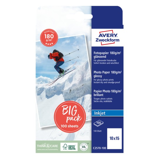 Pakiranje: Avery Zweckform Classic Inkjet fotopapir, Artikl: C2570-100, Format: 100 x 150 mm, Prikladno za printere: Inkjet, Sadržaj: 100 listova, /Arak?