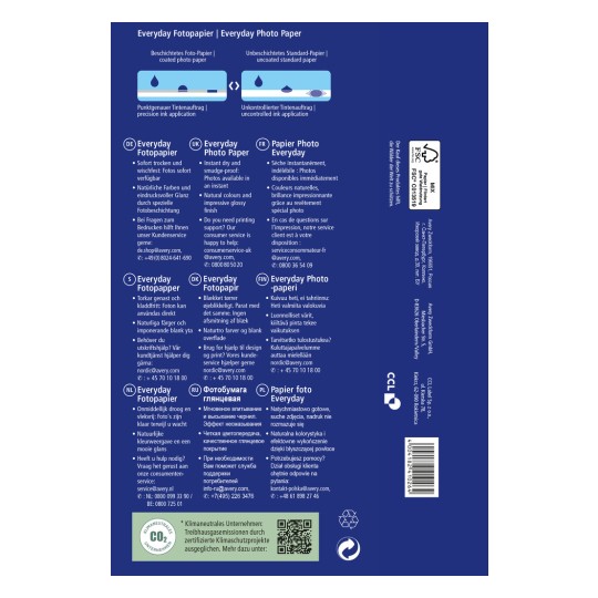 Slika prikazuje informacije o pakiranju za 'Everyday Photo Paper' na više jezika, ističući značajke kao što su trenutno sušenje, prirodne boje i kontakti za korisničku podršku.