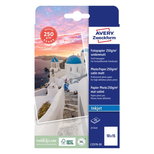 Slika pakiranja: Avery Zweckform Premium Inkjet foto-papir, Artikl: C2570-20, Format: 100 x 150 mm, Pogodnost za printer: Inkjet, Sadržaj: 20 listova.