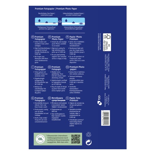 Ova slika prikazuje pakiranje premium foto papira, s detaljima specifikacija proizvoda, značajki i informacija o podršci na više jezika, uključujući njemački, britanski engleski, francuski, nizozemski, finski, ruski i poljski.