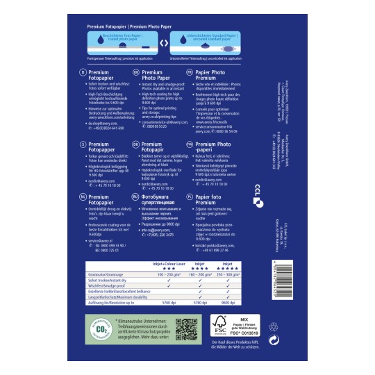 Slika prikazuje ambalažu za Premium foto papir, s detaljima o njegovim značajkama, specifikacijama i raznim prijevodima na više jezika.