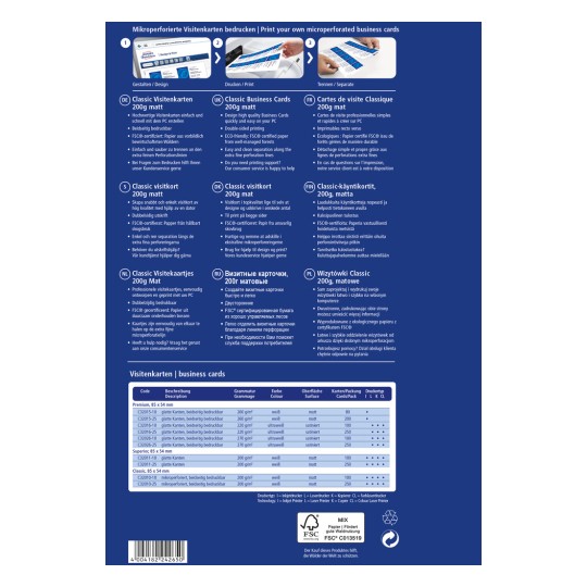 Slika prikazuje vodič za ispis mikro-perforiranih posjetnica. Sadrži informacije na više jezika o specifikacijama kartica, značajkama i opcijama ispisa.