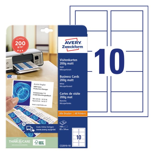 Slika pakiranja s kartonskim listovima: Avery Zweckform Classic posjetnice, artikl: C32010-10, format: 85 x 54 mm, pogodnost za ispis: inkjet, laserski u boji, laserski crno-bijeli, kopirni uređaj, sadržaj: 100 kartica / 10 listova, 10 kartica/listu?