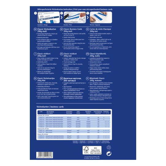 Slika sadrži informacije o mikroperforiranim posjetnicama, uključujući opcije ispisa, specifikacije na više jezika te opise vrsta i značajki kartica.