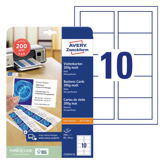 Slika pakiranja s kartonskim listom: Avery Zweckform Classic posjetnice, artikal: C32010-25, format: 85 x 54 mm, pogodno za ispis: Inkjet, laserski pisač u boji, crno-bijeli laserski pisač, kopirke, sadržaj: 250 kartica / 25 listova, 10 kartica/ list?