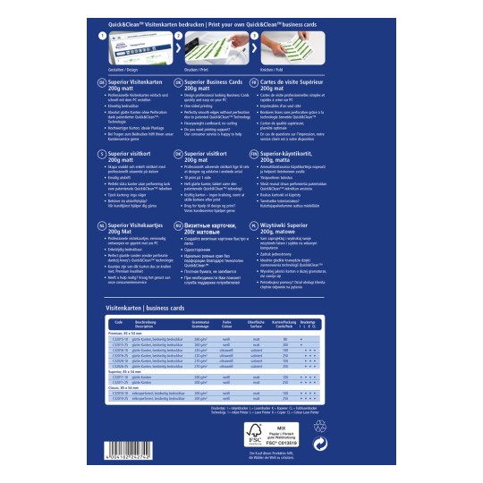 Slika sadrži informacije o Quick&Clean posjetnicama, uključujući specifikacije, detalje tiska i opise na različitim jezicima u vezi s karakteristikama i prednostima proizvoda.