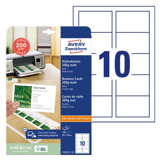 Slika pakiranja s kartonom: Avery Zweckform Superior posjetnice, artikl: C32011-10, format: 85 x 54 mm, prikladnost za ispis: inkjet, laserski pisač u boji, crno-bijeli laser, kopirni uređaji, sadržaj: 100 kartica / 10 listova, 10 kartica/list.