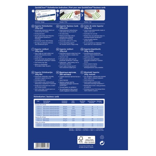 Slika je vodič za proizvode Quick&Clean posjetnica, s detaljima o opcijama ispisa, materijalima, dimenzijama i raznim jezicima. Ističe specifikacije proizvoda i pruža upute za dizajniranje i ispisivanje kartica kod kuće.