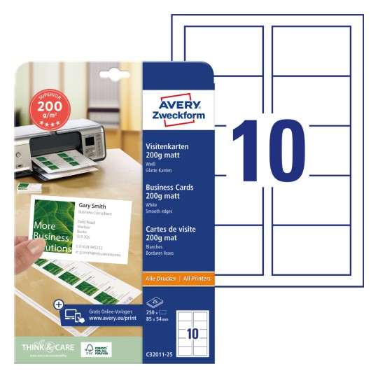 Slika pakiranja s listom kartica: Avery Zweckform Superior posjetnice, Artikl: C32011-25, Format: 85 x 54 mm, Prikladne za pisač: Inkjet, laserski u boji, crno-bijeli laser, fotokopirni uređaj, Sadržaj: 250 kartica / 25 listova, 10 kartica/list?