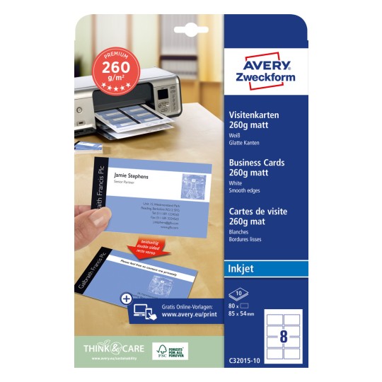 Slika pakiranja: Avery Zweckform Inkjet, Artikl: C32015-10, Format: 85 x 54 mm, Pogodnost za pisač: Inkjet, Sadržaj: 80 kartica / 10 listova, 8 kartica/ list?