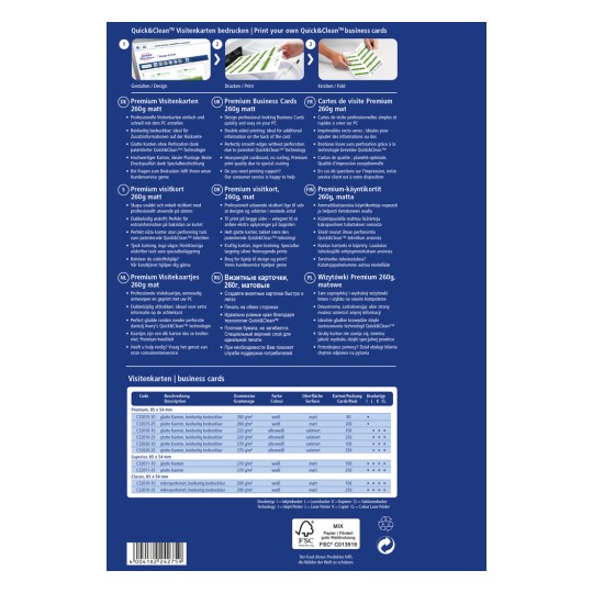 Slika sadrži informacije o Quick&Clean posjetnicama, detaljno prikazujući njihove značajke, specifikacije i razne jezične prijevode. Ističe opcije tiska, korištene materijale i pruža usporedbu različitih vrsta posjetnica i njihovih karakteristika.
