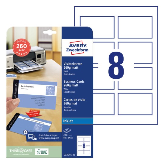 Slika pakiranja s plahtom kartica: Avery Zweckform Premium posjetnice, Artikl: C32015-25, Format: 85 x 54 mm, Pogodnost za ispis: Inkjet, Sadržaj: 200 kartica / 25 listova, 8 kartica/list?