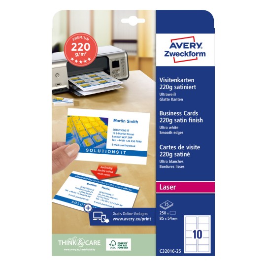 Slika pakiranja: Avery Zweckform Laser, Artikl: C32016-25, Format: 85 x 54 mm, Pogodno za ispis: Laserski pisači u boji, crno-bijeli laserski pisači, kopirni uređaji, Sadržaj: 250 kartica / 25 listova, 10 kartica/list.