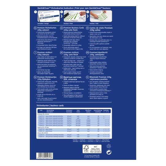 Slika je detaljan informativni list o proizvodu za Quick&Clean posjetnice, koji specificira različite tipove, težine, završne obrade i dostupne opcije tiska. Sadrži više jezika i ističe ključne značajke proizvoda.