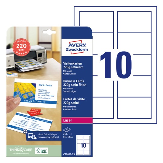Slika pakiranja s listom kartica: Avery Zweckform Premium posjetnice, Artikl: C32016-25, Format: 85 x 54 mm, Pogodno za ispis: laserski u boji, crno-bijeli laser, fotokopirni uređaj, Sadržaj: 250 kartica / 25 listova, 10 kartica/list?