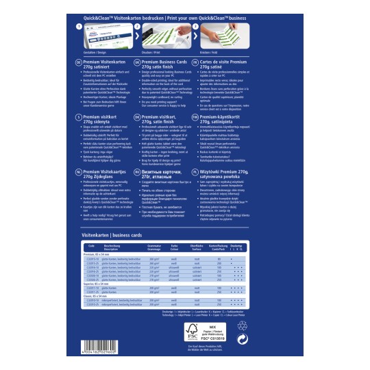 Slika sadrži informacijski list o proizvodu za Quick&Clean posjetnice. U njemu su navedene razne specifikacije, formati i značajke premium posjetnica dostupnih za ispis, uključujući materijale i veličine na više jezika.