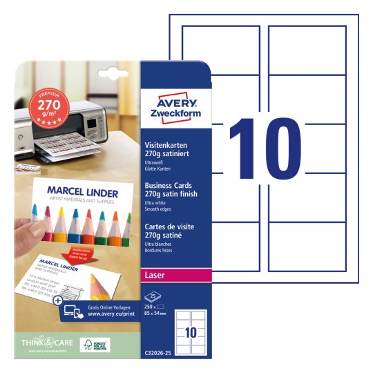 Slika pakiranja s kartonskim listom: Avery Zweckform Premium posjetnice, artikl: C32026-25, format: 85 x 54 mm, prikladnost za ispis: kolor laserski, crno-bijeli laserski, kopirke, sadrži: 250 kartica / 25 listova, 10 kartica/list.