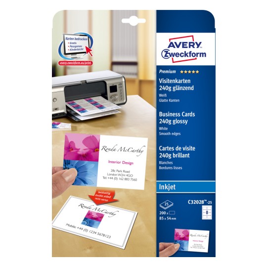 Slika pakiranja: Avery Zweckform Inkjet, artikl: C32028-25, format: 85 x 54 mm, prikladnost za pisač: Inkjet, sadržaj: 200 kartica / 25 listova, 8 kartica/list?