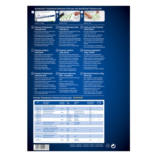 Slika prikazuje promotivni letak za Quick&Clean posjetnice, s detaljima o raznim vrstama i specifikacijama, uključujući sjajne premaze, težinu papira i mogućnosti ispisa na više jezika.