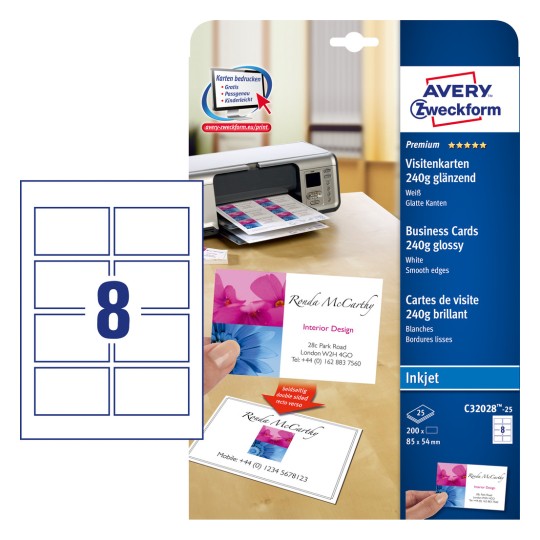 Slika pakiranja s listom kartica: Avery Zweckform Premium posjetnice, Artikl: C32028-25, Format: 85 x 54 mm, Prikladnost za ispis: Inkjet, Sadržaj: 200 kartica / 25 listova, 8 kartica/list.