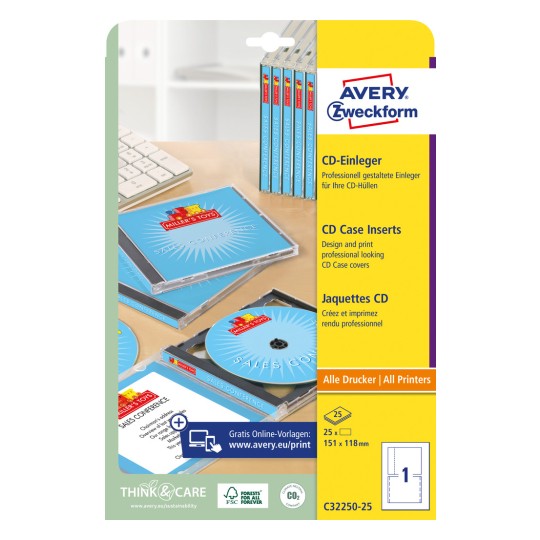 Slika pakiranja: Avery Zweckform CD umetci, Artikl: C32250-25, Format: 151 x 118 mm, Pogodnost za ispisivanje: Inkjet, crno/bijeli laserski, kolor laserski, Sadržaj: 25 listova.