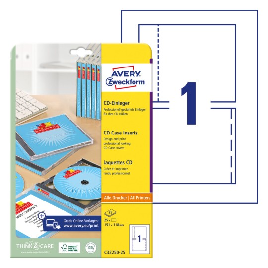 Slika pakiranja s kartonskim listom: Avery Zweckform CD-umetak, Artikl: C32250-25, Format: 151 x 118 mm, Pogodno za ispis: Inkjet, crno-bijeli laser, laserski u boji, Sadržaj: 25 listova, /list?