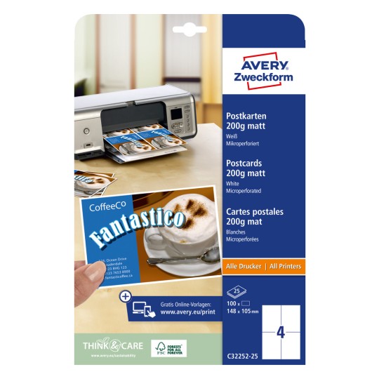 Slika pakiranja: Avery Zweckform razglednice, Artikal: C32252-25, Format: 148 x 105 mm, Pogodno za štampače: Inkjet, laserski u boji, crno-bijeli laser, kopirni aparat, Sadržaj: 100 kartica / 25 listova, 4 kartice/ploča?