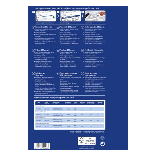 Informativni grafički prikaz o tisku mikroporiranih kartica, koji sadrži upute i detalje na nekoliko jezika o specifikacijama razglednica, uključujući dimenzije, težinu i savjete za tisak.