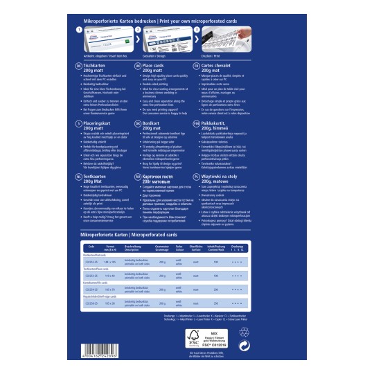 Slika je višejezični vodič za ispis mikroperforiranih kartica, s detaljima o proizvodima kao što su kartice za stol, kartice za rub police i karte za stol, uključujući specifikacije kao što su veličina, težina i upute za tisak.